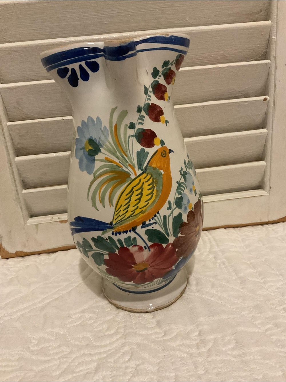 Hand-Painted White Ceramic Pitcher with Yellow Bird Motif Vintage